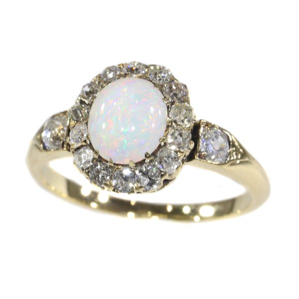 Antique Victorian Cabochon Opal and Diamond Cluster Ring