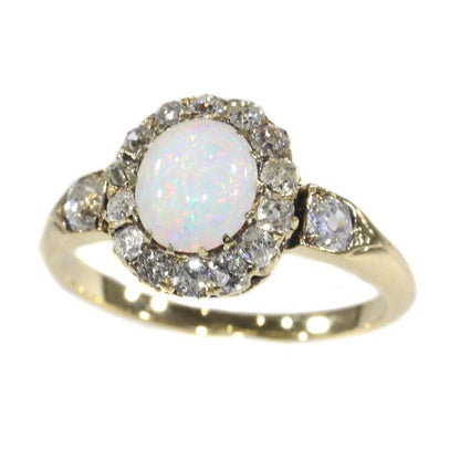 Antique Victorian Cabochon Opal and Diamond Cluster Ring