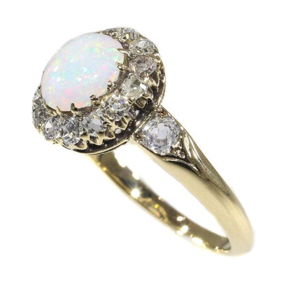 Antique Victorian Cabochon Opal and Diamond Cluster Ring