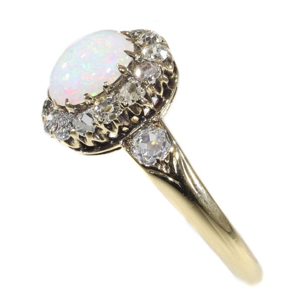 Antique Victorian Cabochon Opal and Diamond Cluster Ring