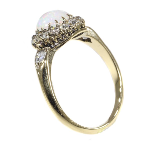 Antique Victorian Cabochon Opal and Diamond Cluster Ring