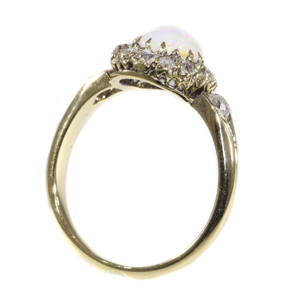 Antique Victorian Cabochon Opal and Diamond Cluster Ring