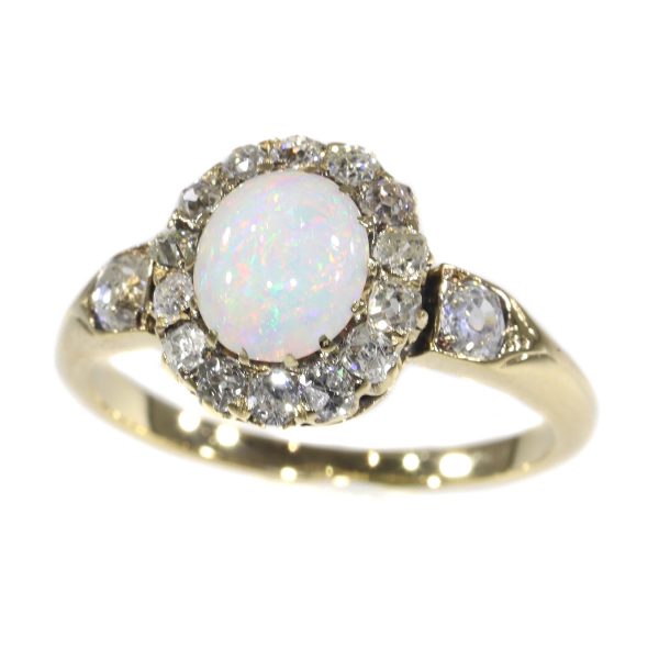 Antique Victorian Cabochon Opal and Diamond Cluster Ring