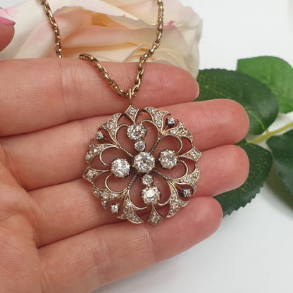 Victorian diamond pendant come brooch round circle shape 1890 Old Cut