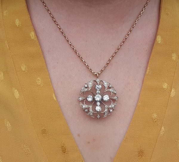 Antique Victorian Large Circular Diamond Pendant Brooch, 1890