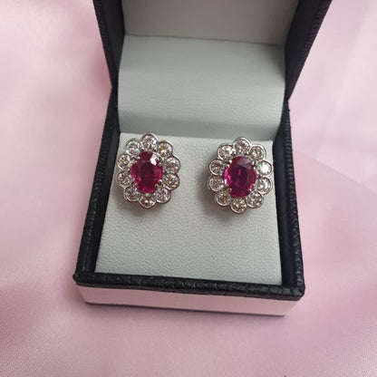 Vintage Pair of Ruby and Diamond Oval Cluster Stud Earrings