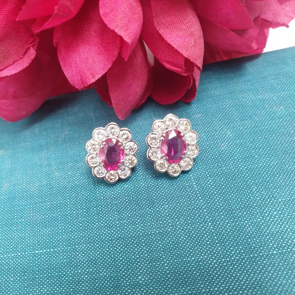 Vintage Pair of Ruby and Diamond Oval Cluster Stud Earrings