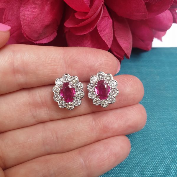 Vintage Pair of Ruby and Diamond Oval Cluster Stud Earrings