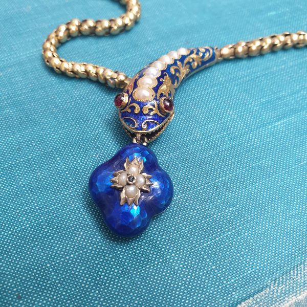 Antique Victorian Blue Enamel, Pearl and Gold Snake Necklace