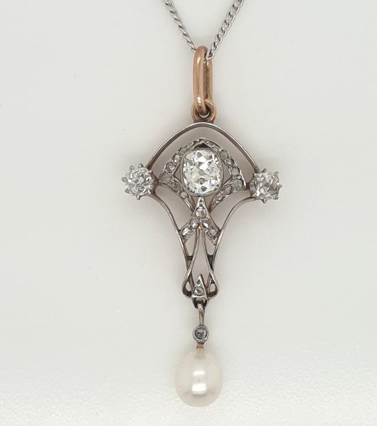 Antique Art Nouveau Pearl and Diamond Drop Pendant