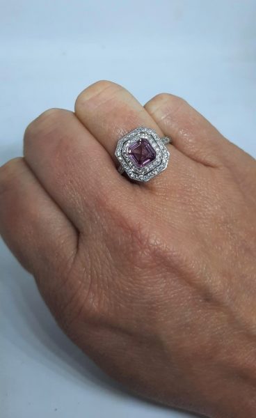 Asscher Cut Pink Spinel and Diamond Cluster Ring