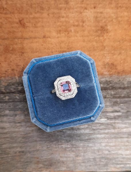 Asscher Cut Pink Spinel and Diamond Cluster Ring in Platinum