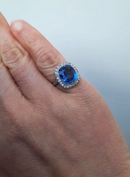 Natural Ceylon Sapphire and Old Cut Diamond Cluster Ring