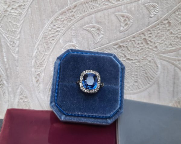 5ct Natural Ceylon Sapphire and Old Cut Diamond Cluster Ring
