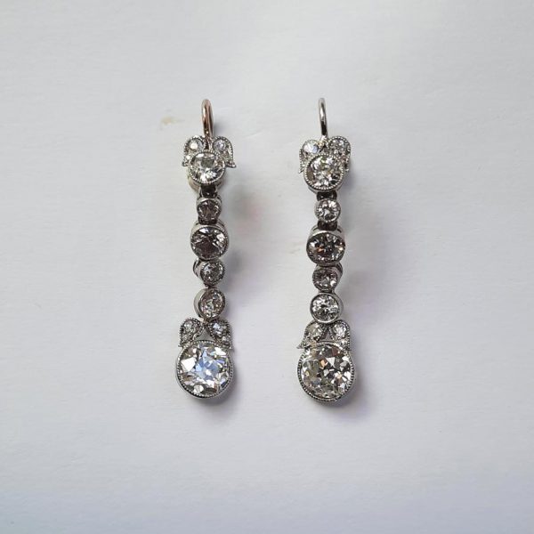Antique diamond drop earrings in platinum 3.60 carats