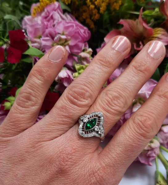 Columbian Emerald and Diamond Navette Cluster Ring