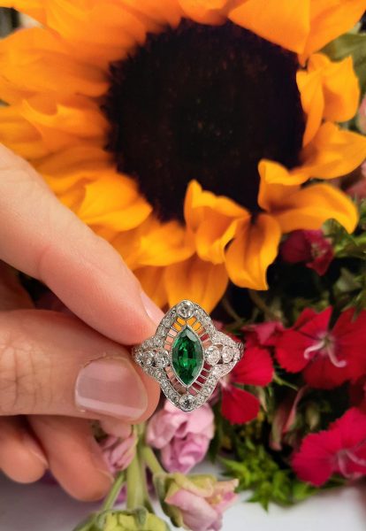 Columbian Emerald and Diamond Navette Cluster Ring