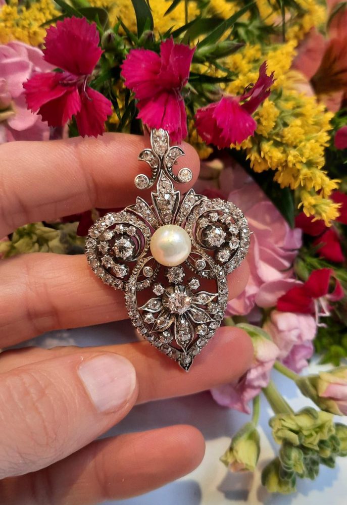 Antique Natural Pearl and Old Cut Diamond Brooch Come Pendant