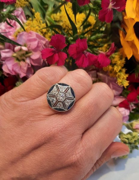 French Calibre Cut Sapphire and Diamond Cluster Dress Ring in Platinum