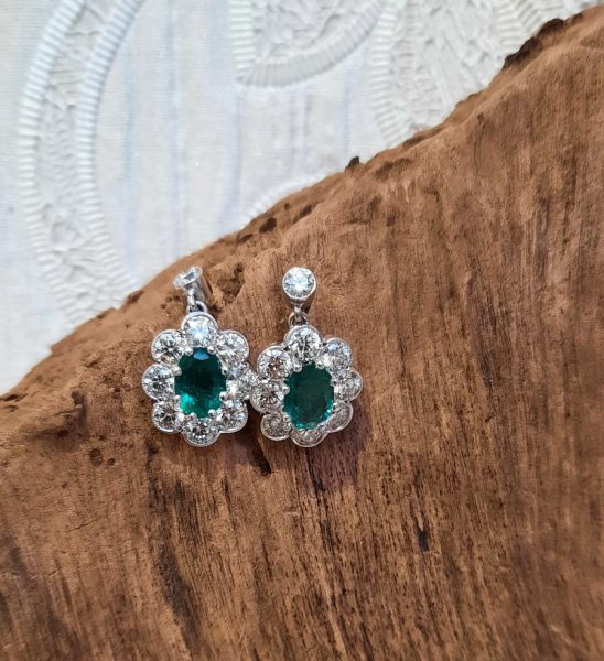 1.40ct Emerald and Diamond Cluster Drop Earrings