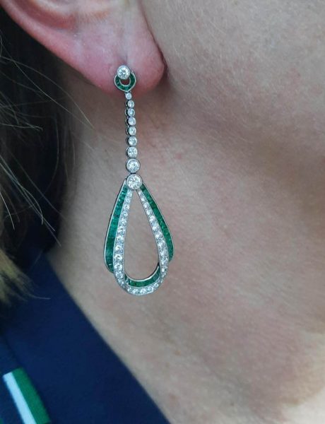 Pair of Calibre Emerald Diamond and Platinum Drop Earrings