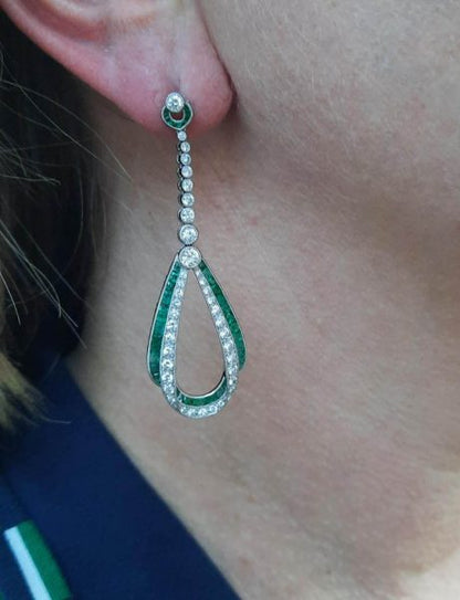 Pair of Calibre Emerald Diamond and Platinum Drop Earrings