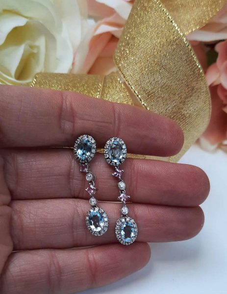 Aquamarine Pink Sapphire and Diamond Drop Earrings