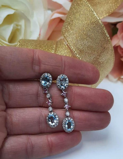 Aquamarine Pink Sapphire and Diamond Drop Earrings