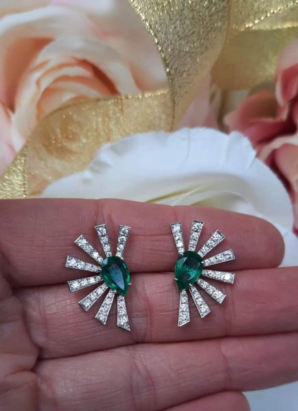 Emerald and Diamond Starburst Fan Shaped Earrings