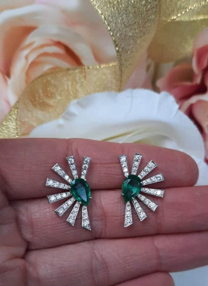 Emerald and Diamond Starburst Fan Shaped Earrings