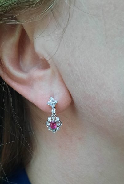 Edwardian Style Ruby and Diamond Cluster Drop Earrings