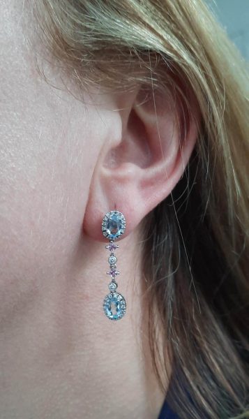 Aquamarine Pink Sapphire and Diamond Drop Earrings