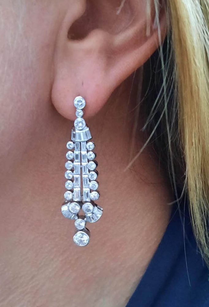 Vintage diamond drop earrings long baguette cut diamond 1950 platinum