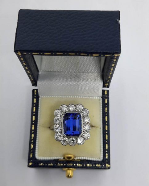 Tanzanite and Diamond Cluster Ring, Rectangular Emerald Cut 4 carats