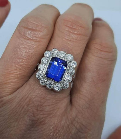 Tanzanite and Diamond Cluster Ring, Rectangular Emerald Cut 4 carats