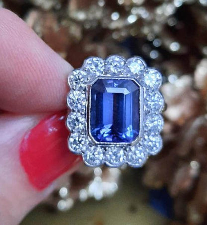 Tanzanite and Diamond Cluster Ring, Rectangular Emerald Cut 4 carats