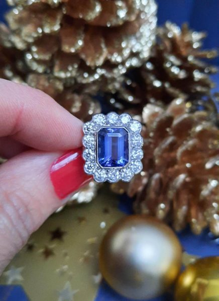 Tanzanite and Diamond Cluster Ring, Rectangular Emerald Cut 4 carats