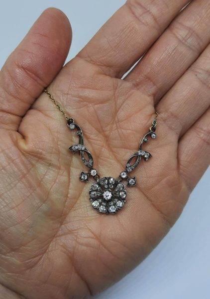Antique Victorian Old Cut Diamond Flower Cluster Necklace, 2.30 carats