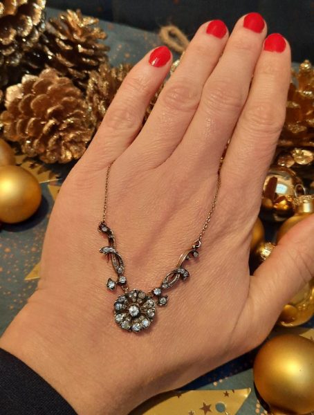 Antique Victorian Old Cut Diamond Flower Cluster Necklace, 2.30 carats