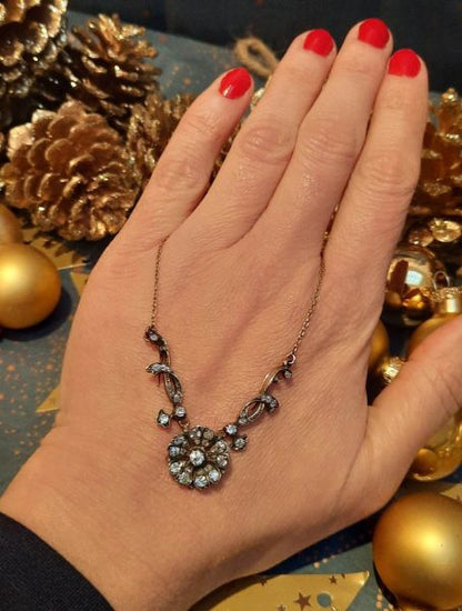 Antique Victorian Old Cut Diamond Flower Cluster Necklace, 2.30 carats