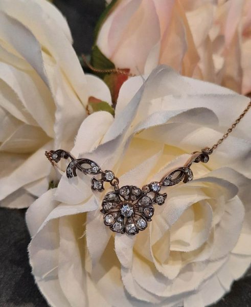 Antique Victorian Old Cut Diamond Flower Cluster Necklace