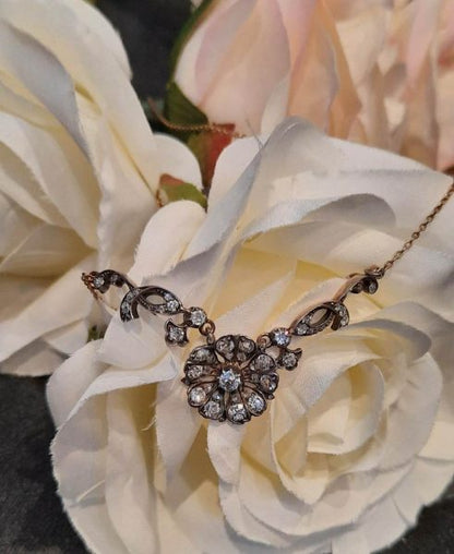 Antique Victorian Old Cut Diamond Flower Cluster Necklace
