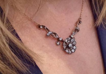 Antique Victorian Old Cut Diamond Flower Cluster Necklace