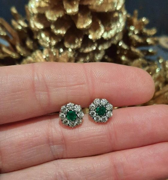 Emerald and Diamond Cluster Stud Earrings