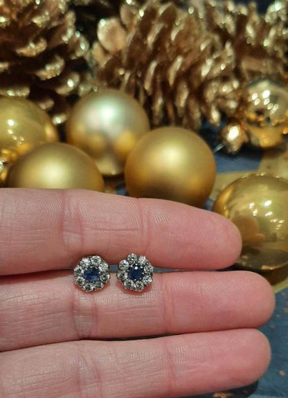 Sapphire and Diamond Cluster Stud Earrings