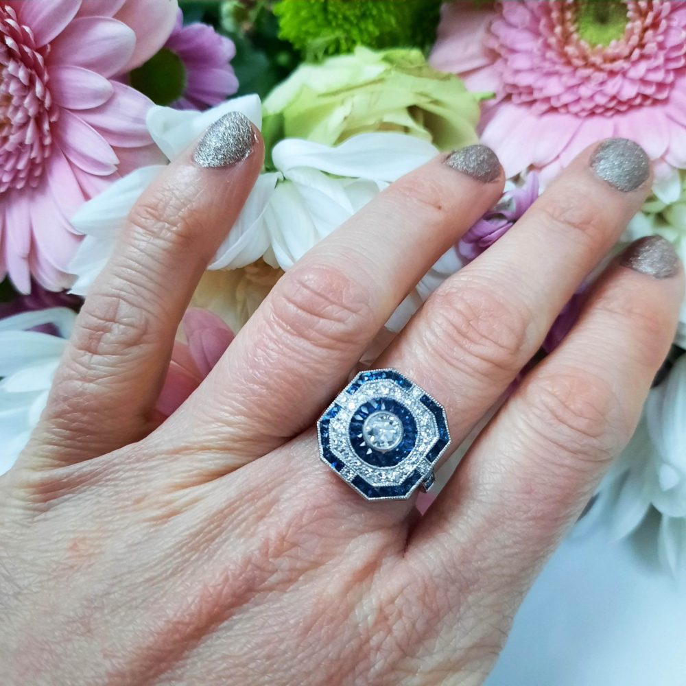 Diamond and Calibre Sapphire Target Cluster Dress Ring in Platinum