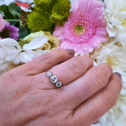 Vintage Old Cut Diamond Three Stone Ring in Platinum, 1.37 carat total