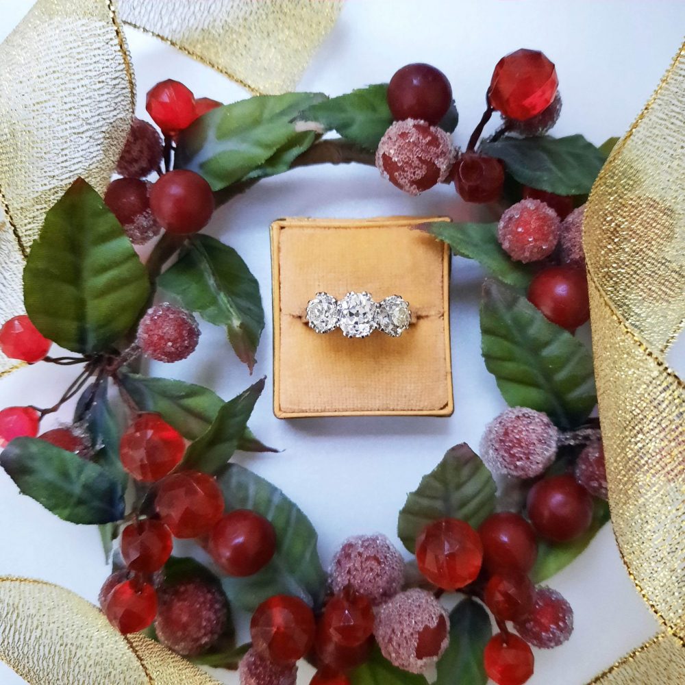 Old Cut Diamond Three Stone Ring, 3.65 carat total