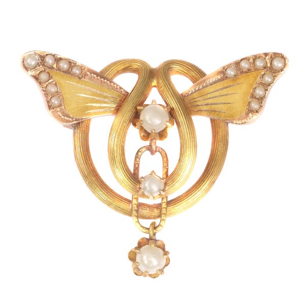 Antique Art Nouveau Gold and Pearl Brooch Butterfly Wings