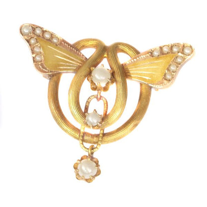 Antique Art Nouveau Gold and Pearl Brooch Butterfly Wings